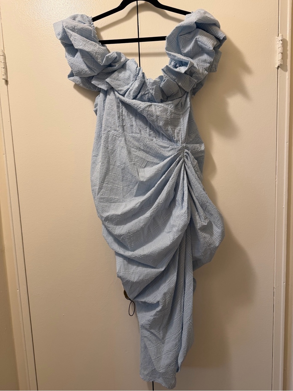 PrettyLittleThing Light Blue off the Shoulder Ruffle Draped Dress